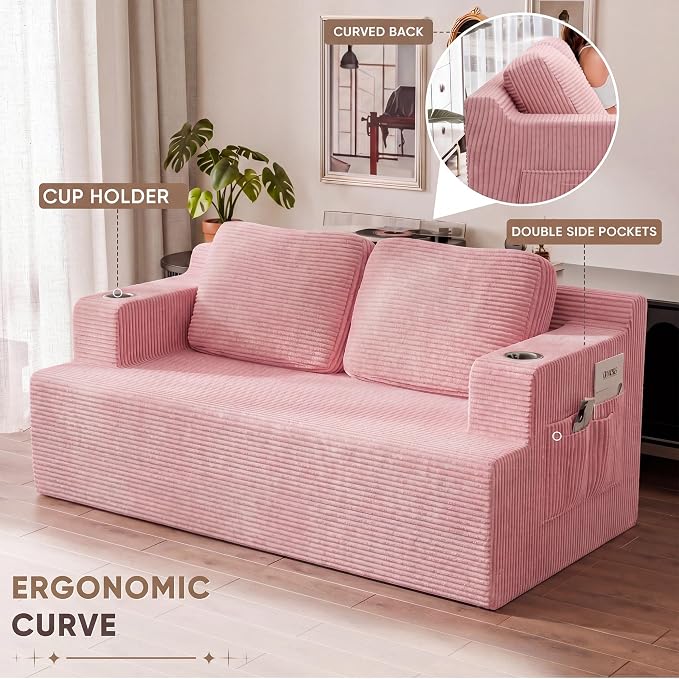 Homall 67” Cloud Couch Sofa 2 Seater Comfy Upholstered Loveseat Floor Sofa with High Density Memory Foam, No Assembly Required, Boneless Couch for Bedroom Living Room (Pink, Loveseat)