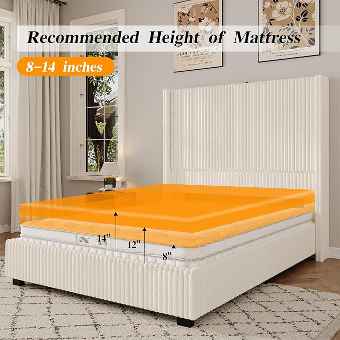 UNIQUITE Queen Size Lift Up Storage Bed Frame with 51 Inch Tall Wingback Headboard, Corduroy Upholstered Platform Bed with Hydraulic Storage, 2 USB Ports, No Box Spring Needed, Noise-Free, Beige