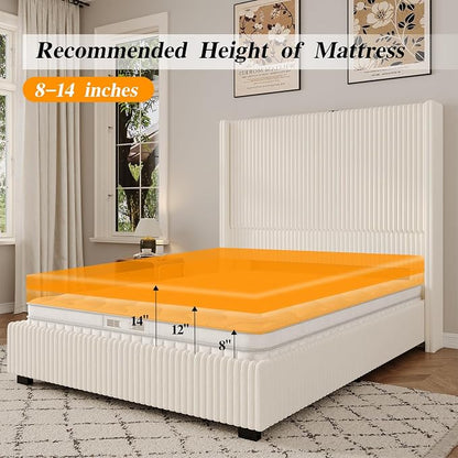 UNIQUITE Queen Size Lift Up Storage Bed Frame with 51 Inch Tall Wingback Headboard, Corduroy Upholstered Platform Bed with Hydraulic Storage, 2 USB Ports, No Box Spring Needed, Noise-Free, Beige