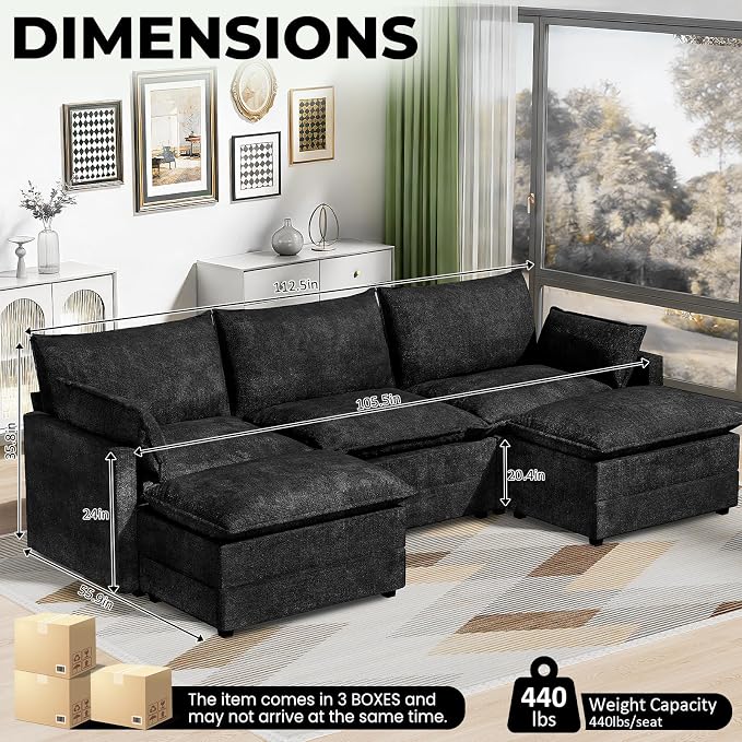 LEVELEVE 112.5" U-Shape Modular Sofa with 2 Ottomans, Deep Seat Cloud Convertible Sleeper, 2 Arm Pillows, Comfortable Upholstered Furniture for Living Room Apartment, Black