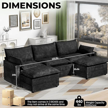 LEVELEVE 112.5" U-Shape Modular Sofa with 2 Ottomans, Deep Seat Cloud Convertible Sleeper, 2 Arm Pillows, Comfortable Upholstered Furniture for Living Room Apartment, Black