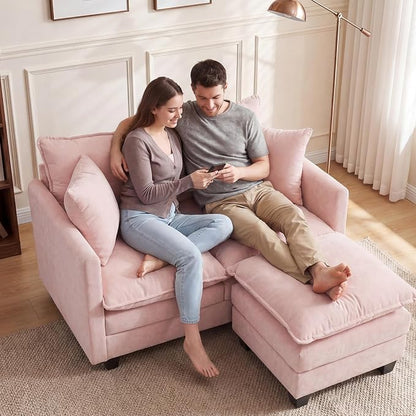 50'' L-Shape Loveseat Sofa with 22" Ottoman, 2 Seat Modern Cloud Couch with 2 Washable Pillows for Small Space Apartment Office Living Room Bedroom, Pink