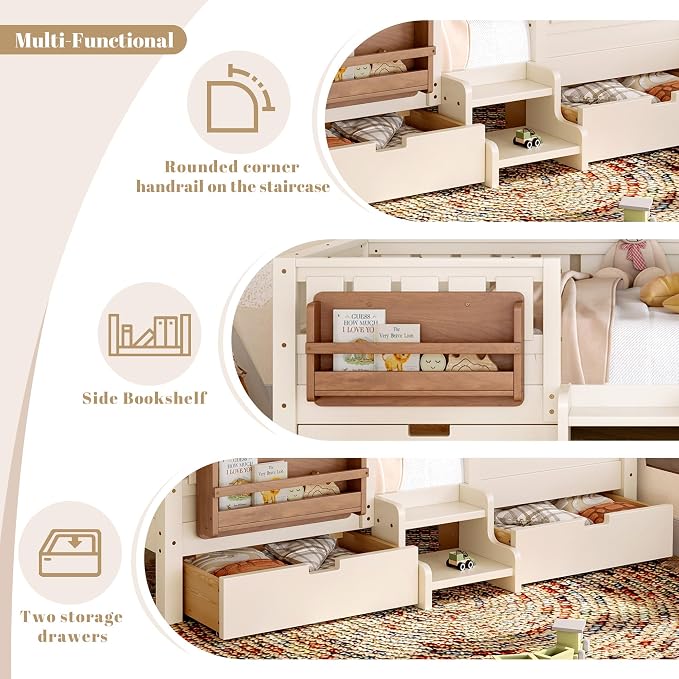 Bellemave Twin Montessori Bed with Stairs, Rails and Slats, Twin Size Montessori Floor Bed with Bookshelf and 2 Storage Drawers, Easy Assemble Beds Frame for Girls, Boys, Beige