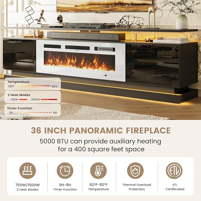 70" Fireplace TV Stand, Modern Entertainment Center for TVs Up to 80”, TV Console with Storage Cabinets, Media Console for Living Room,Black TV Stand and White Fireplace