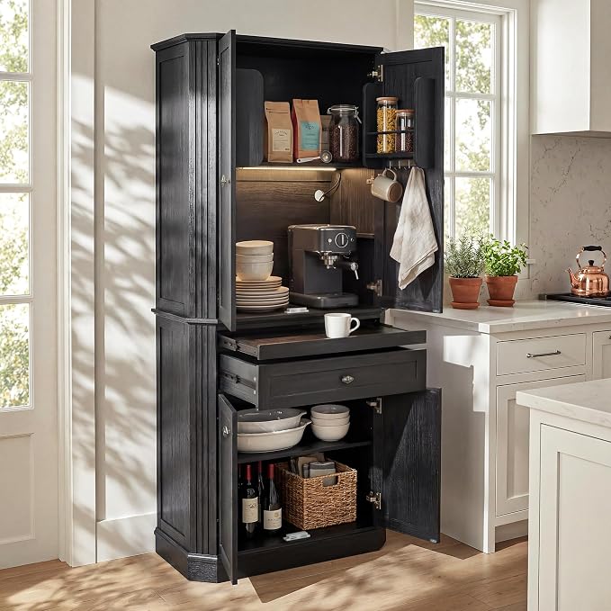 72.2" Tall Kitchen Pantry Cabinet with Doors, Farmhouse Storage Cabinet with Charging Station & LED Light, Drawer, Adjustable Shelves and Pull-Out Shelves, Black Wood Pantry Cupboard for Dining Room