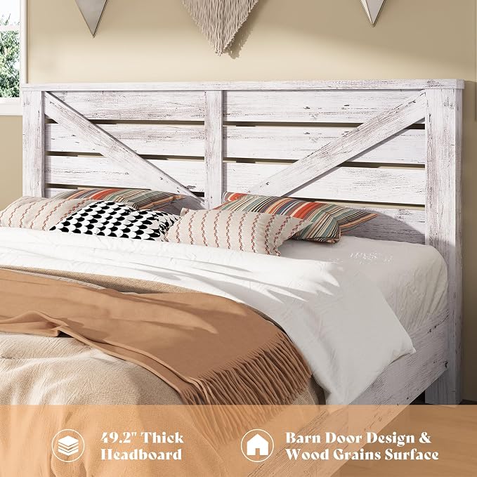 AMERLIFE King Size Bed Frame with 49.2" Barn Door Headboard and Footboard, Farmhouse Platform Bed Frame with Wood Slats, No Box Spring Needed, Under Bed Storage, Distressed White