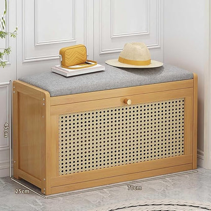 ELEFOCUS Shoe Storage Bench with Rattan Drawers - Slim Shoe Organizer Cabinet for Closet | Space-Saving Closed Shoe Rack (Size:70x25x45cm,Color:Primary Color)
