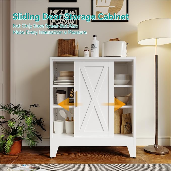 37” H Coffee Bar Storage Cabinet with Sliding Door and Adjustable Shelves,31.5" Wide by 15.8" Deep Small Metal Cabinet,Buffet Sideboard for Living Room Kitchen,White