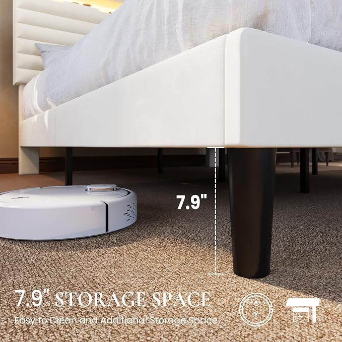SHA CERLIN King Bed Frame with LED Light & 2-Tier Storage Shelf, Velvet Upholstered Adjustable Headboard with Charing Station, Horizontal Channel Tufted, No Box Spring Needed, Easy Assembly, Cream