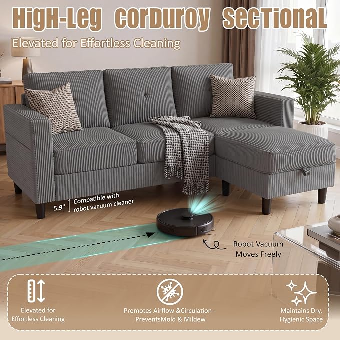 Convertible Sectional Sofa with Storage Ottoman, 77” L-Shaped 3-Seat Couch with Skin-Friendly Corduroy Fabric, Reversible Small Sectional for Small Space, Apartment, Living Room and Office(Dark Grey)