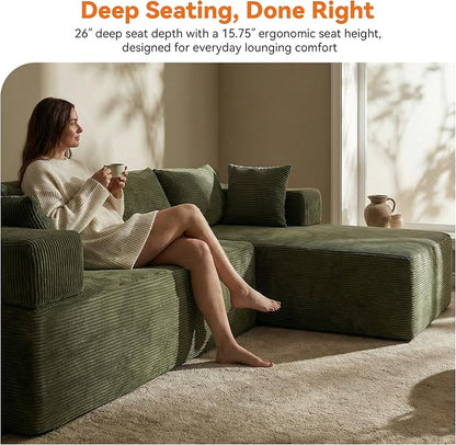 MONVANE 106" Cloud Sectional Couch with L-Shaped Chaise, Modular Sectional Sofa with Deep Seat and Removable Armrests, Comfy Corduroy Boneless Couches for Living Room, No Assembly Required, Green