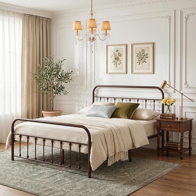 VECELO Full Size Victorian Style Metal Bed Frame with Headboard and Footboard Under Bed Storage No Box Spring Needed Strong Slat Suppor Bed Frame Purple Bronze