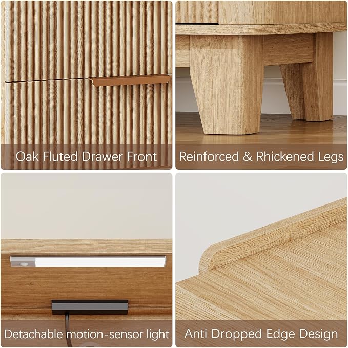 Baoz Fluted Nightstand with Charging Station & 2 Drawers, Natural Oak | 20" Wide Mid Century Modern Bedside Table with Light Wood Curved Profile 27in Tall LED Night Stand for Bedroom