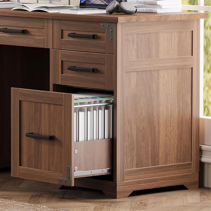 LUMISOL 55” Farmhouse Executive Desk with Charging Station and Power Outlet, Computer Desk with 5 Drawers and Cabinet, Rustic Wood Writing Study Table with File Drawer, Walnut