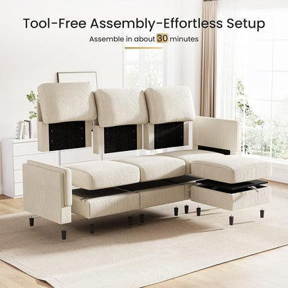 KKL Modular Sectional Sofa Bed with Storage Ottoman, Convertible L/U-Shaped Sleeper Couch for Living Room, Modern Reversible Design (Beige, 4 Seat L Shape)