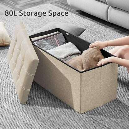 YOUDENOVA 30 Inch Storage Ottoman, Folding Ottoman with Storage, Linen Storage Bench Supports Up to 350 lbs, Footrest Seat for Living Room, Bedroom, Beige