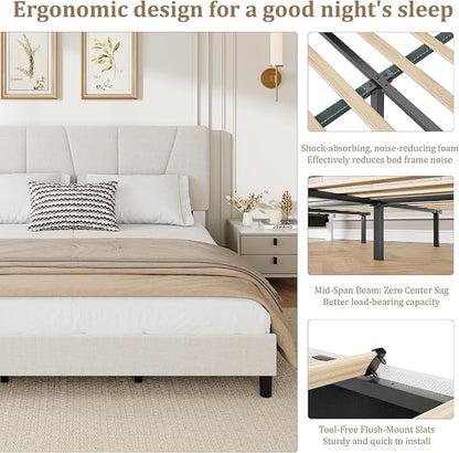 GarveeHome King Size Bed Frame with Upholstered Headboard, Modern Fabric Platform Bed Frame with Wooden Slat Support, Adjustable Headboard, No Box Spring Needed, Noise-Free, for Bedroom