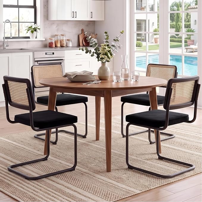 Zesthouse Natural Rattan Dining Chairs Set of 4, Modern Dining Room Chairs with Solid Wood Back for Kitchen Living Room, Mid Century Breuer Design Inspired, Upholstered Velvet Fabric, Black