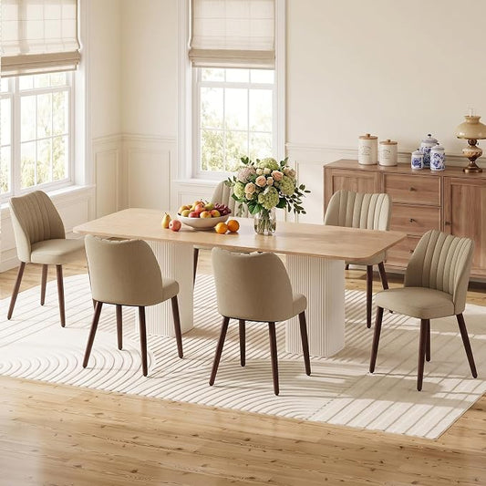 Upholstered Dining Chairs Set of 6, Modern Fabric Dining Chairs with Curved Backrest & Solid Rubber Wood Legs, Padded Kitchen Dining Room Chairs for Restaurant Cafe, Camel