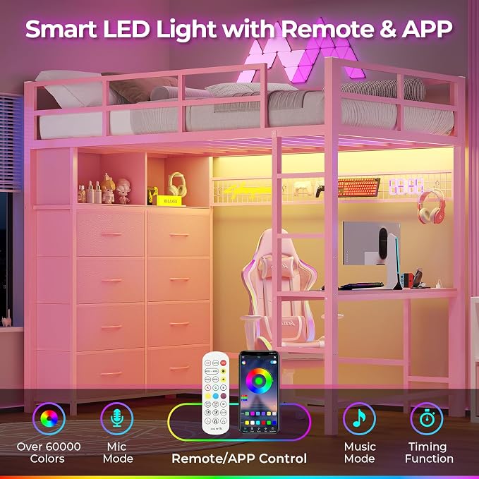 ADORNEVE Twin Size Loft Bed with Desk and 8 Storage Drawers, Metal Kids Loft Bed Twin with LED Lights & Charging Sation, Storage Shelves, 13.1" H Safety Guard & Ladder, No Box Spring Needed, Pink