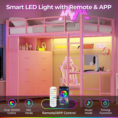 ADORNEVE Twin Size Loft Bed with Desk and 8 Storage Drawers, Metal Kids Loft Bed Twin with LED Lights & Charging Sation, Storage Shelves, 13.1" H Safety Guard & Ladder, No Box Spring Needed, Pink