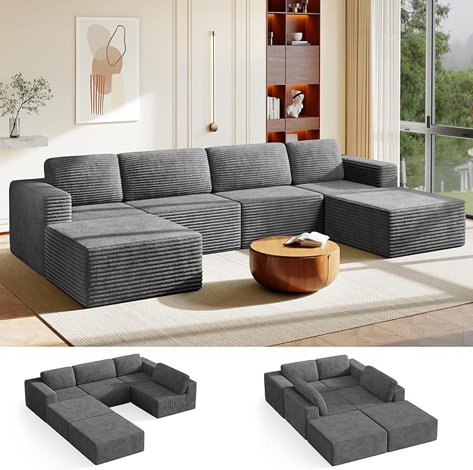 Vesgantti 159" Large Modular Sectional Sofa, U-Shaped Corduroy Cloud Couch with Deep Seats & Spring Support, 4-Seater Boneless Sofa with 2 Movable Ottomans, No Assembly Needed, Grey