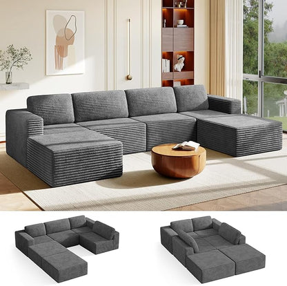 Vesgantti 159" Large Modular Sectional Sofa, U-Shaped Corduroy Cloud Couch with Deep Seats & Spring Support, 4-Seater Boneless Sofa with 2 Movable Ottomans, No Assembly Needed, Grey