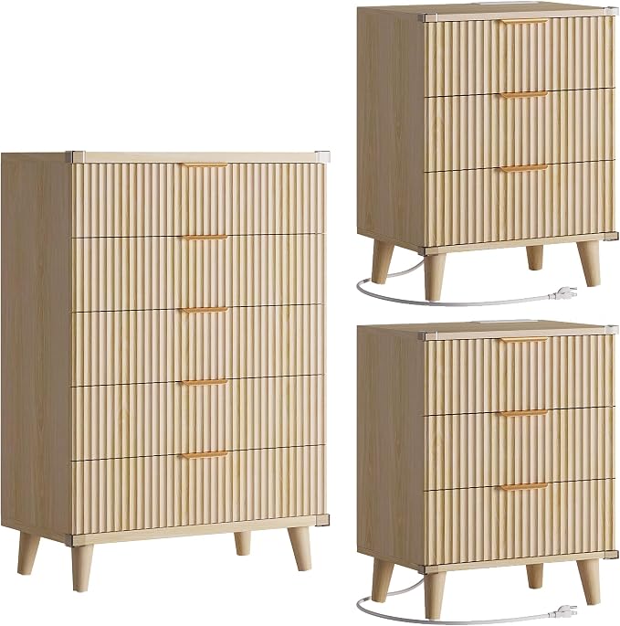 Lulive Modern Dresser and Nightstand Sets 3-Piece, 5-Drawer Dresser + 2 Nightstands Bedroom Sets with Solid Wood Legs (Natural Oak)