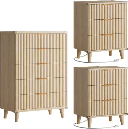 Lulive Modern Dresser and Nightstand Sets 3-Piece, 5-Drawer Dresser + 2 Nightstands Bedroom Sets with Solid Wood Legs (Natural Oak)