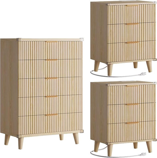 Lulive Modern Dresser and Nightstand Sets 3-Piece, 5-Drawer Dresser + 2 Nightstands Bedroom Sets with Solid Wood Legs (Natural Oak)