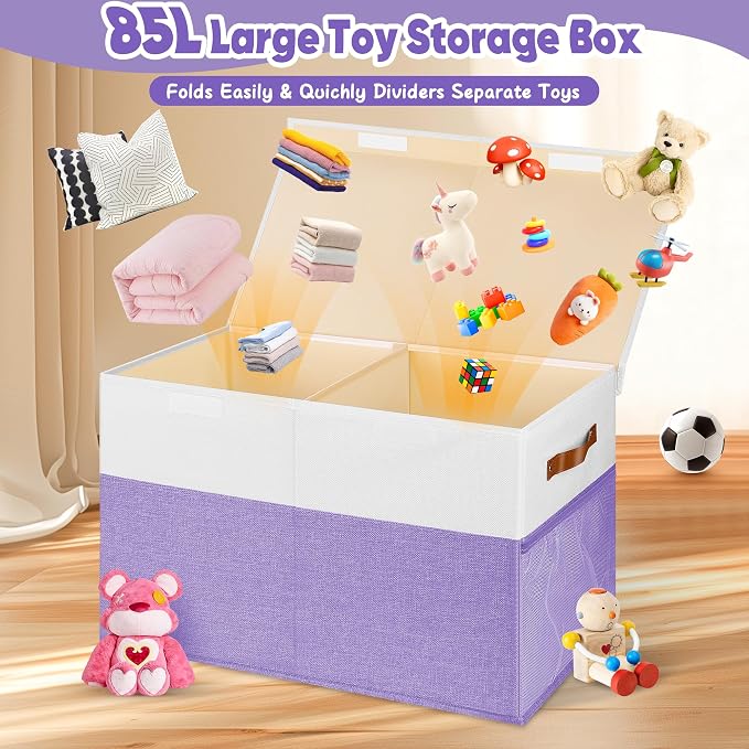 Mabahoo Large Toy Box, Collapsible Sturdy Storage Chest With Lids, Kids Toy Chest Storage Organizer Toddler Bin Boxes for Living Room, Bedroom, Nursery, 25"x13"x16", Purple & White