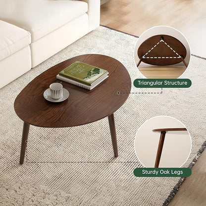 Small Oval Coffee Table, 100% Solid Wood Coffee Tables Mid Century Modern Table for Living Room, Side Table End Tables for Home (Walnut Wood Color, 25.59''x17.51''x19.68'')