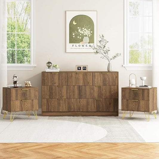 7 Drawer Dresser and Nightstand Sets for Bedroom, 3 Pcs Bedroom Set，Night Stand Set of 2 & 7 Drawer Dresser with Gold Handles, Wood Chest of Drawers Mid Century Storage Cabinet Set, Natural