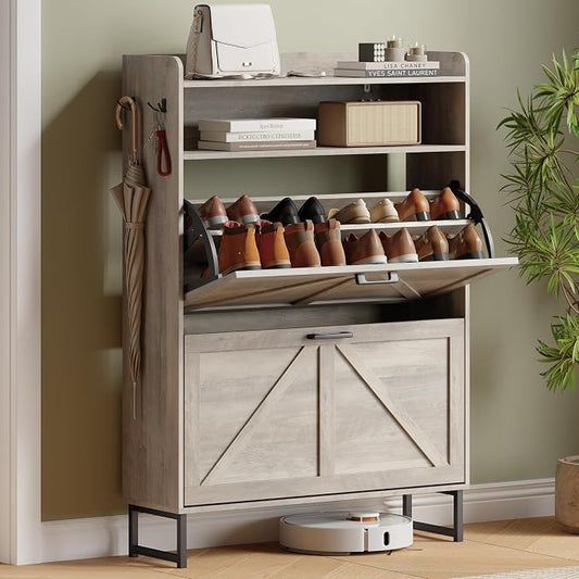 Shoe Cabinet with 2 Flip Drawers, Freestanding Hidden Shoe Storage Organizer for Entryway, Narrow Slim Shoe Rack Cabinet with Open Storage & Hooks for Front Door Entrance, Living Room, Hallway, Grey