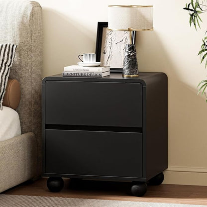 Furniway Black Nightstand Set of 2, Modern 2 Drawer Bedside Table with Curved Profile Design and Handle-Free Drawers, Modern End Table with Storage for Bedroom