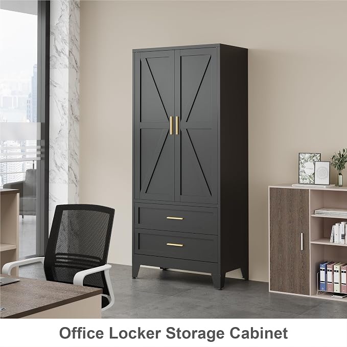 QINPTWUT 71" Tall Metal Wardrobe with Doors, Hanging Rod & Adjustable Shelf, Freestanding Steel Armoire for Bedroom Home Office, 2-Drawer Black
