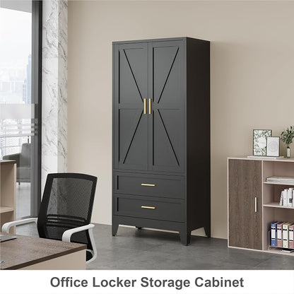 QINPTWUT 71" Tall Metal Wardrobe with Doors, Hanging Rod & Adjustable Shelf, Freestanding Steel Armoire for Bedroom Home Office, 2-Drawer Black
