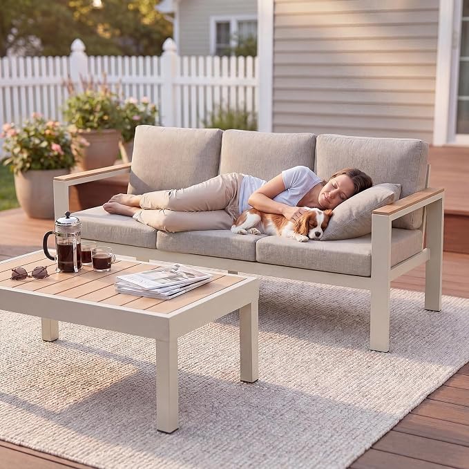 5-Seater Aluminum Patio Furniture Set, Outdoor Patio Conversation Set with 2 Chairs+3-Seat Sofa+Coffee Table, 1.5mm Thick Weather Resistant Frame, Removable Waterproof Cushions for Balcony Backyard