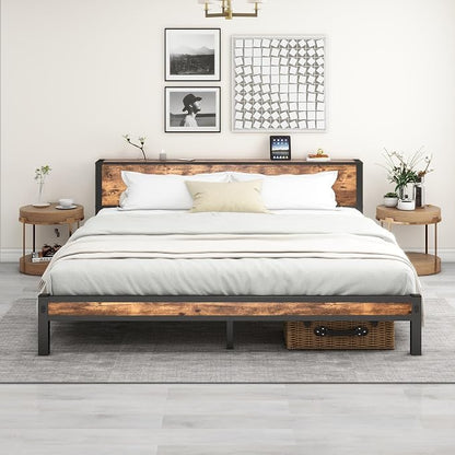 DUMEE King Bed Frame with Wood Storage Headboard, Metal Platform Bed Frames King Size, No Box Spring Needed, Noise Free, Black & Vintage Brown