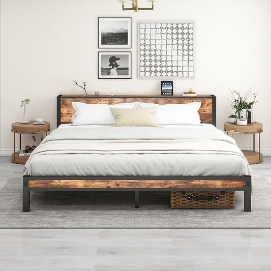 DUMEE King Bed Frame with Wood Storage Headboard, Metal Platform Bed Frames King Size, No Box Spring Needed, Noise Free, Black & Vintage Brown