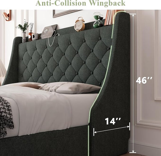 Feonase Upholstered Full Size Bed Frame with 4 Storage Drawers, Charging Station, Tufted Wingback Storage Headboard, No Box Spring Needed, Easy Assembly, Dark Grey