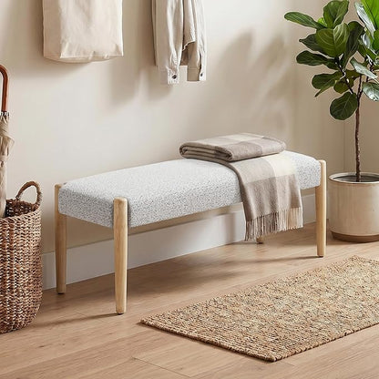 Usaint 42" End of Bed Bench, Modern Upholstered Bedroom Bench with Rubberwood Legs, Entryway Bench with Cushion, Dining Bench for Living Room, Bedroom, Heathered Off-White with Oak Leg
