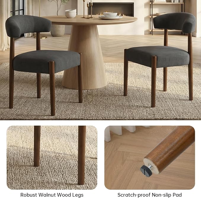 VKNOW Wooden Dining Chairs Set of 6, Modern Upholstered Dining Room Chairs with Walnut Wood Legs and Curved Backrest, Fabric Kitchen Chairs for Farmhouse/Living Room/Dining Room, Charcoal