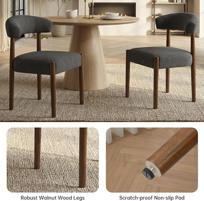 VKNOW Wooden Dining Chairs Set of 4, Modern Upholstered Dining Room Chairs with Walnut Wood Legs and Curved Backrest, Fabric Kitchen Chairs for Farmhouse/Living Room/Dining Room, Charcoal