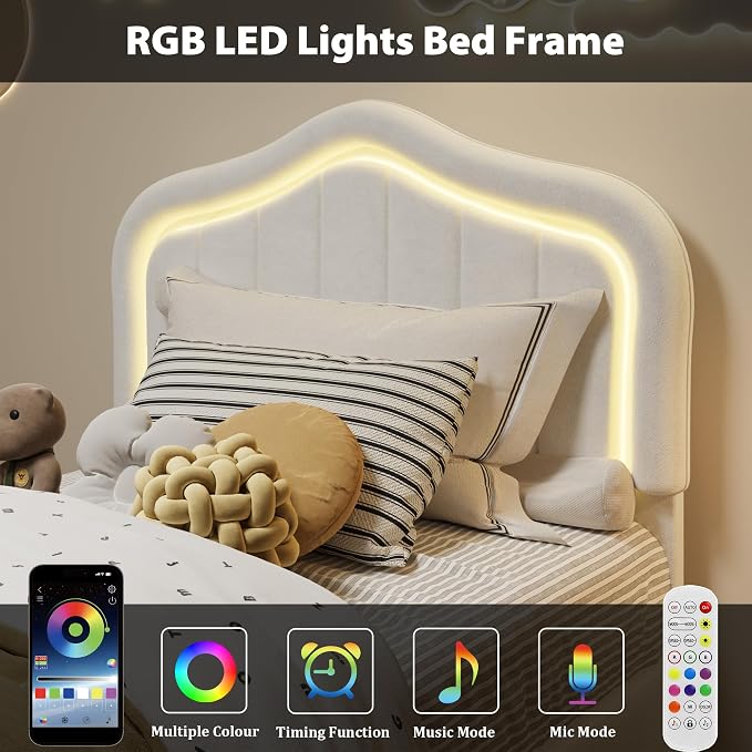 GarveeHome Twin Upholstered Bed Frame with Storage Drawer and Smart Led Headboard, Twin Size Platform Bed Frames for Kids, Wooden Slats Support, No Box Spring Needed, Easy Assembly, White