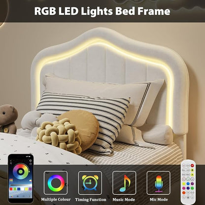 GarveeHome Twin Upholstered Bed Frame with Storage Drawer and Smart Led Headboard, Twin Size Platform Bed Frames for Kids, Wooden Slats Support, No Box Spring Needed, Easy Assembly, White