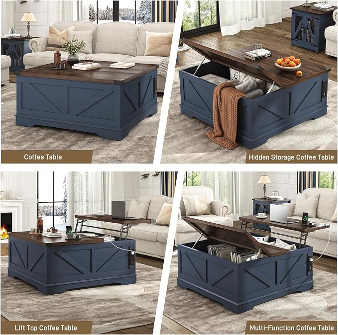 Hlivelood 40” Large Farmhouse Lift Top Coffee Table with Power Outlets and Large Hidden Storage, Square Wood Living Room Tables, Multi-Function Lift Wooden Barn Door Center Table, Blue