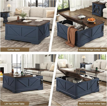 Hlivelood 40” Large Farmhouse Lift Top Coffee Table with Power Outlets and Large Hidden Storage, Square Wood Living Room Tables, Multi-Function Lift Wooden Barn Door Center Table, Blue