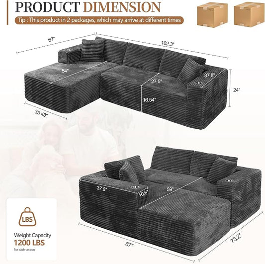 Vongrasig 103" Boneless Sectional Couches for Living Room, L-Shaped Chaise Modular Cloud Couch with Cup Holders on Armrests, Plush Corduroy Comfy Sofa with Memory Foam, No Assembly Required (Grey)
