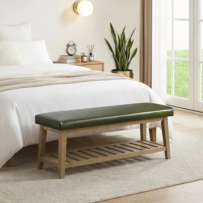 Entryway Bench with Cushion, Upholstered Shoe Rack Bench with Solid Wood Shelf, 44" End of Bed Bench for Bedroom, Chenille Fabric Storage Bench for Entryway, Hallway, Living Room (PU-Green)